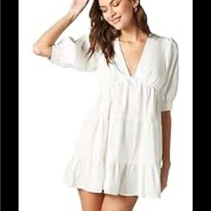 Forever 21 White Small deep V-Neck Mini Dress babydoll puff sleeves